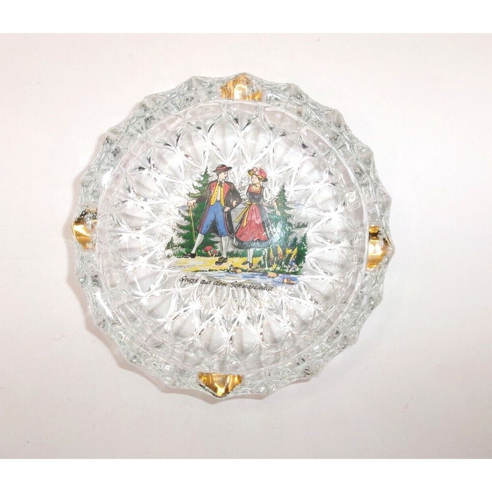 German Souvenir Ashtray Heavy Cut Glass or Crystal Hundseck Schw Black Forest 5"